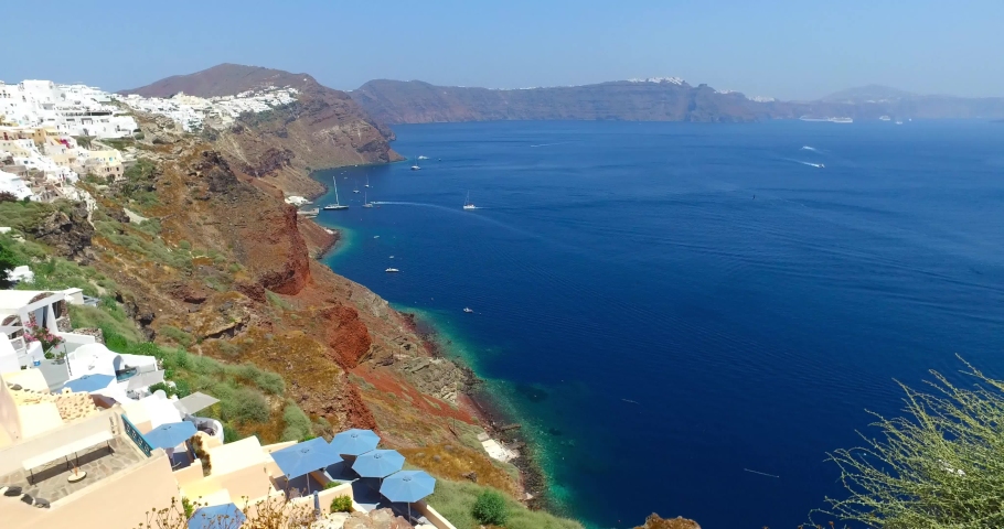 White architectural buildings on high rocks, Mediterranean sea view from top of Santorini island/Santorini is one of the Cyclades group islands,Greece 