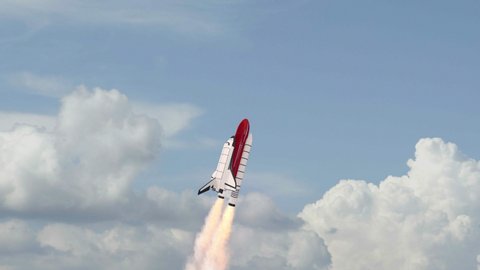 Space shuttle flying into space, sky with clouds in background. Rocket engines blow large clouds of smoke, fire. Flying carrier rocket. Animated flighting spacecraft spaceshuttle, white red fuel tanks Stock Video