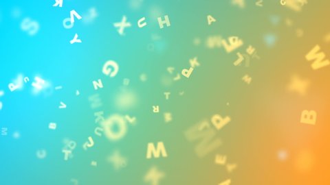 Abstract background animation with flying letters. Motion design with bokeh effect. 3d rendering. HD resolution