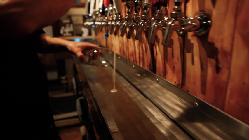 Hands of a bar worker pulling pint. A young Caucasian barman is viewed up-close, pulling draught lager from a pump in a local bar by night. Royalty-Free Stock Footage #1033373162