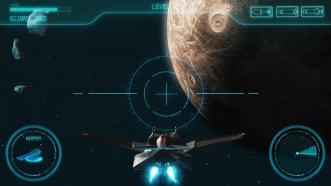 Space Shooter 3D Video Game imitation With Interface. The Spacecraft In Space Destroys The Enemy Crew With A Laser Gun. Planet Jupiter Asteroids And Stars On The Background.