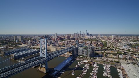 Philadelphia Pennsylvania Aerial v23 Flying away from PA side of Ben Franklin Bridge with Philadelphia cityscape views - October 2017