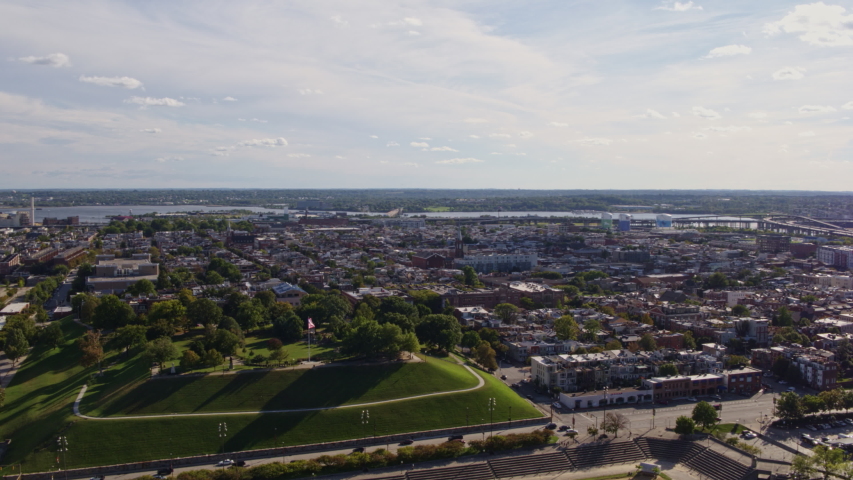 Baltimore Maryland Aerial v14 Panoramic cityscape view from Federal Hill Park vantage - October 2017