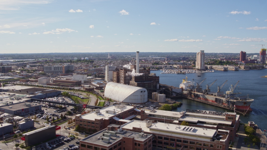 Baltimore Maryland Aerial v10 Panning around Tide Point industry with corporate headquarter detail - October 2017