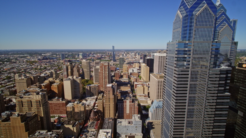 Philadelphia Pennsylvania Aerial v28 Flying over Center City and Downtown looking across river toward universities - October 2017