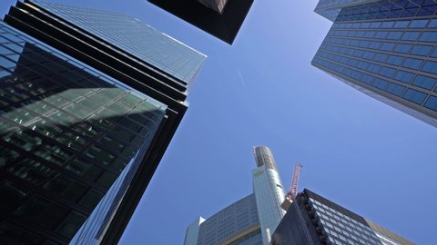 Frankfurt, Germany. July 2019. modern skyscrapers in the financial district seen from below.	