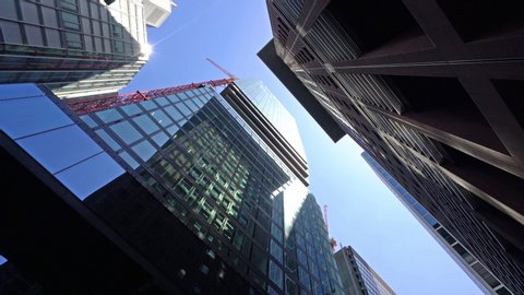 Frankfurt, Germany. July 2019. modern skyscrapers in the financial district seen from below.	