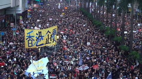 Hong Kong - 16Jun2019: 2 million Hongkongers join protest demonstration on streets against proposed controversial extradition law that will allow transfer of fugitives from HK to China.