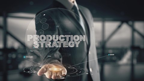 Production Strategy with hologram businessman concept