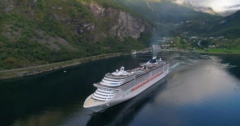 Geiranger, Norway - 09 04 2018: Full Shot of The MSC Preziosa Cruise Ship at Geiranger in Norway