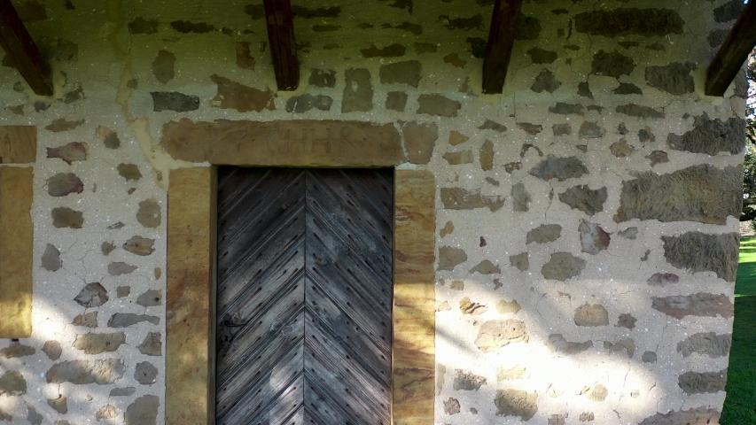 Aerial pull back from charter marking over the wooden door of Herr House, Lancaster County, PA Concept: National Park Service, Historic Places, Mennonite, colonial America, Amish, landmark