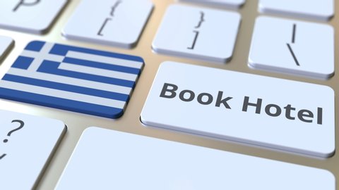 BOOK HOTEL text and flag of Greece on the buttons on the computer keyboard. Travel related conceptual 3D animation