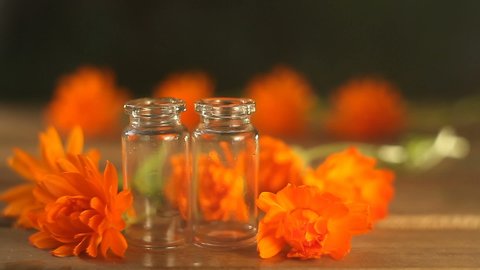 Essence of calendula flowers on table in beautiful glass bottle