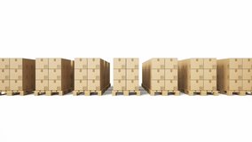 Massive of pallets with cardboard boxes with goods on white background. 60 fps animation.