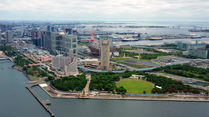 panorama of Tokyo bay with park at the waterfront, aerial view, japan