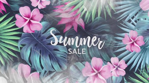 Tropical Summer sale vector animation. Simple Summer Sale typescipt with various jungle leaves and Hibiscus flower fading into frame. Up to 70% off. 4K video. స్టాక్ వీడియో