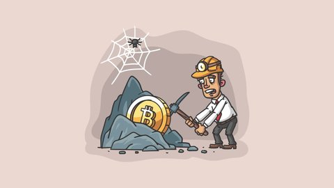 Businessman mines bitcoin. Video illustration rock Bitcoin businessman holding pickaxe. Loop animation. Motion graphics 库存视频