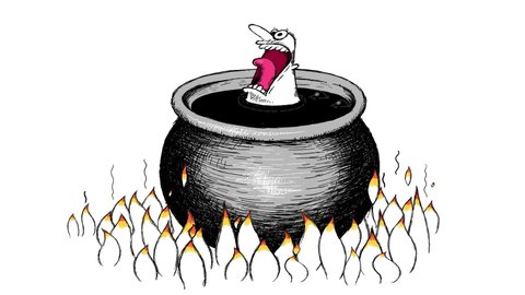 Bad cartoon sinner is boiling in kettle full of hot  tar. He looks like he fell in hell. He was a bad man and now he has penalty. Really unhappy and frightened. His lost soul will never leave.