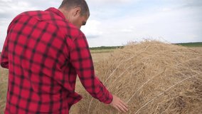 smart farming agriculture lifestyle concept. man farmer studying a haystack in a field on a digital tablet. slow motion video. male agronomist botanist farmer working in the field