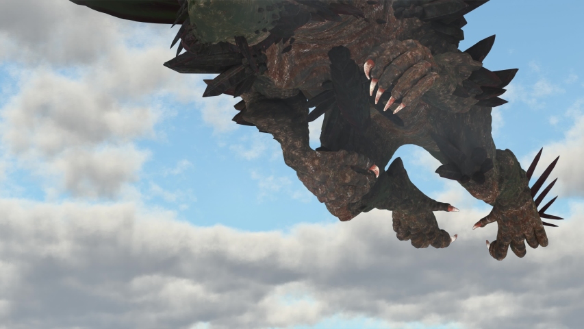 The dragon is flying in the cloudy sky over the town and breathing fire. UHD - 4K - 3D Rendering