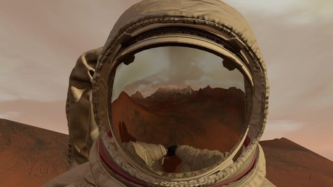 Colony on Mars. Astronaut sitting on Mars and admiring the scenery. Exploring Mission To Mars. Futuristic Colonization and Space Exploration Concept.