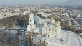 Aerial drone footage of Assumption church in Vladimir town, Russia