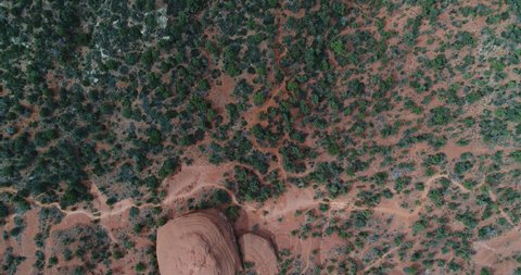 An aerial view of the dry, barren desert landscape between Oak Creek Canyon and Arizona. The region is famous for its red sandstone formations and plentiful hiking trails in a picturesque landscape.