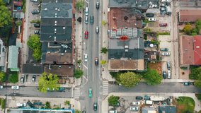 4K Establishing shot of an intersection in Downtown Toronto. Aerial footage.