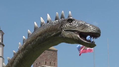 BELGRADE, SERBIA - JUN 11,2019: Realistic diplodocus dinosaur in dino park Head and neck