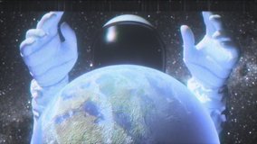 An astronaut stretches his hands behind the planet Earth in outer space against the background of the Milky Way. 3d render video in the style of an old broken TV with the effects of noise, glitch