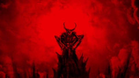 Hellish demon spreads its wings and flies up. 2D animation horror fantasy genre. Gloomy animated short film. Evil monster with luminous eyes. Black and red background. Apocalyptic doomsday theme. 