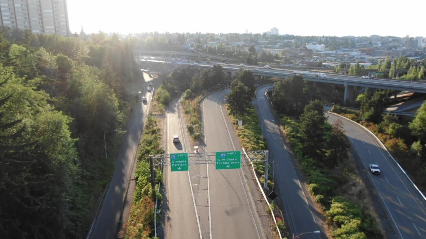 Drone shots of I-5 near Tacoma Washington in 4k.