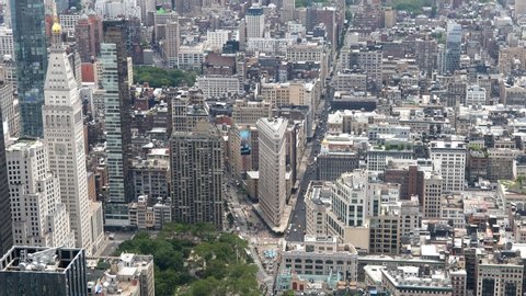 New York, USA - June 14th 2019: Panoramic Top Downtown Manhattan view from Empire State with Flatiron building in center. Aerial view of New York. Famous NY landmark