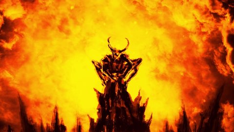 Terrible dark demon flaps its wings and flies up. Animation horror fantasy genre. Hellish flames and sparks. Evil monster with luminous eyes. Orange color background. Creepy animated backdrop movie. 
