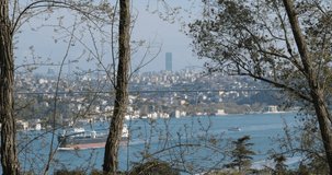Istanbul Bosphorus landscape panoramic wonderful natural 4K video shot Buying Istanbul Tourism travel sightseeing vacation ship trees Sea city view top angle shot. 