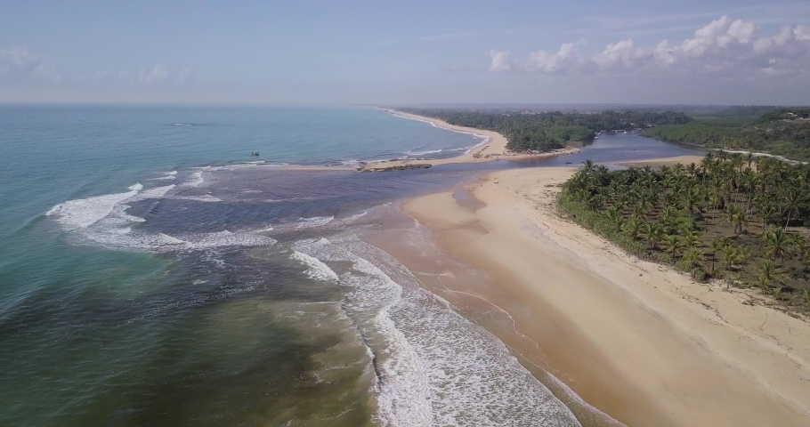 Aerial view of Barra de Caraiva, a coastal and seaside community located in Porto Seguro, Bahia, Brazil