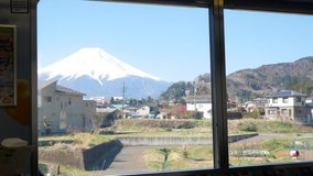 Natural landscape view of Fuji Volcanic Mountain from inside the local train while moving in spring day time-4K UHD video movie footage short