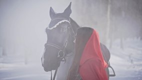 Woman petting her steaming horse in a winter landscape after dismounting to cuddle up to its head with a happy smile as it paws the ground