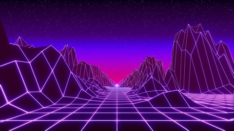 80s retro background loop animation. Retrowave horizon landscape with neon lights and low poly terrain