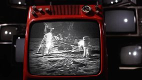 First Man on the Moon. Apollo 11 Moon Landing Footage on a Retro TV. Video with Audio. Elements of this video furnished by NASA.  