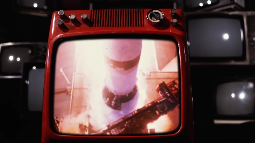 Apollo 11 Rocket Launch in an Old Retro TV. Elements of this Image Furnished by NASA.  Royalty-Free Stock Footage #1033507847