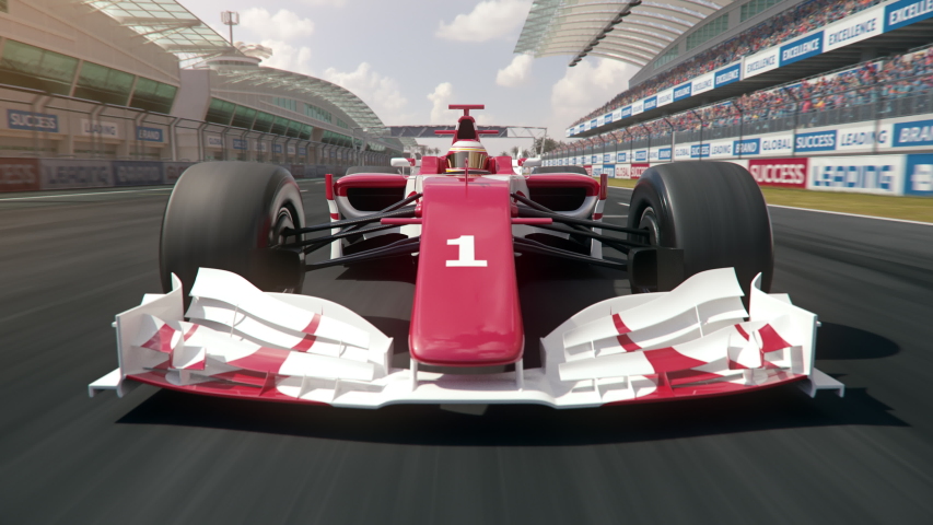 Generic formula one race car driving along the homestretch over the finish line - dynamic front view camera - realistic high quality 3d animation
