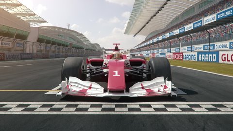 Camera zooms out from generic formula one race car starting from pole position - dynamic front view camera - realistic high quality 3d animation
