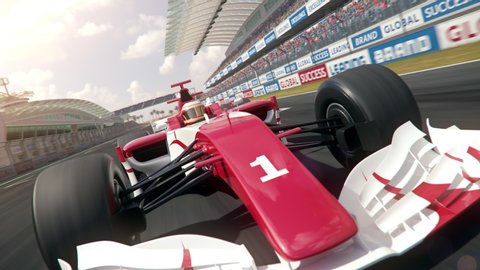 Generic formula one race car driving along the homestretch over the finish line - dynamic front view camera - realistic high quality 3d animation
