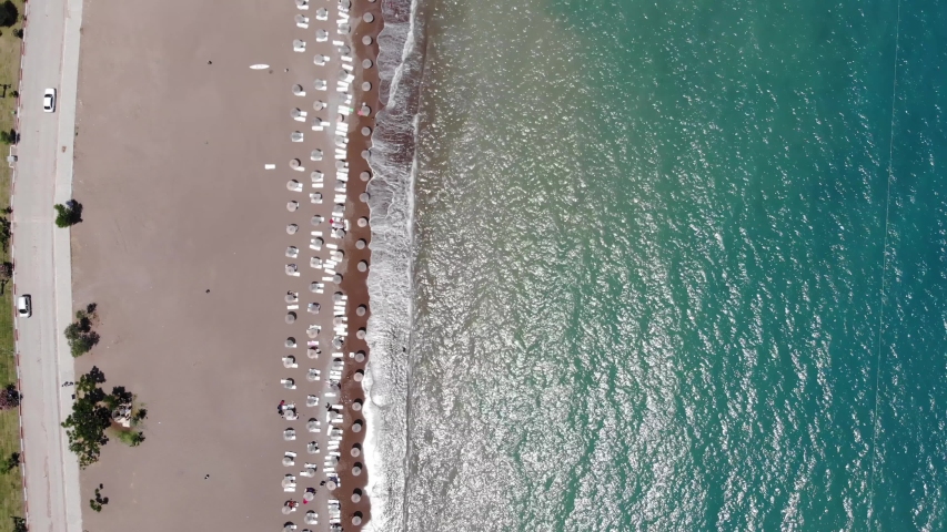 Aerial top down panoramic view of Adrasan beach in Turkey on a summer sunny day