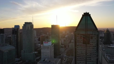 Drone.Peaceful Sunset Montreal Downton. Financial District. Building Skyline. Canada Architecture  