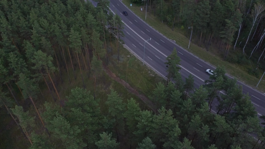 Aerial view of cars are moving through the forest on the road in the summer.