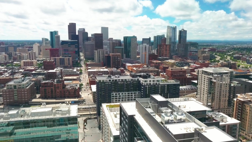 Wide aerial panorama of downtown Denver, CO. 4K