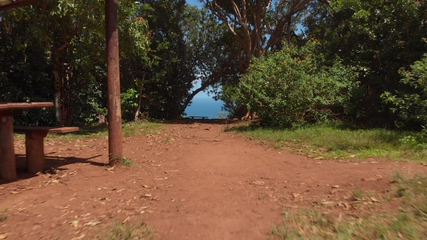 Drone Flying Through small gap Revealing Hawaii Panorama on top of the Sleeping Giant Trail Head.