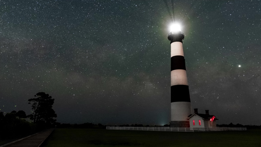 The Bodie Island Lighthouse along the Cape Hatteras National Seashore stands in front of a rising Milky Way.